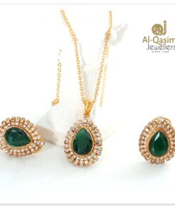 Gold Plated Green Pear Silver Pendant Set